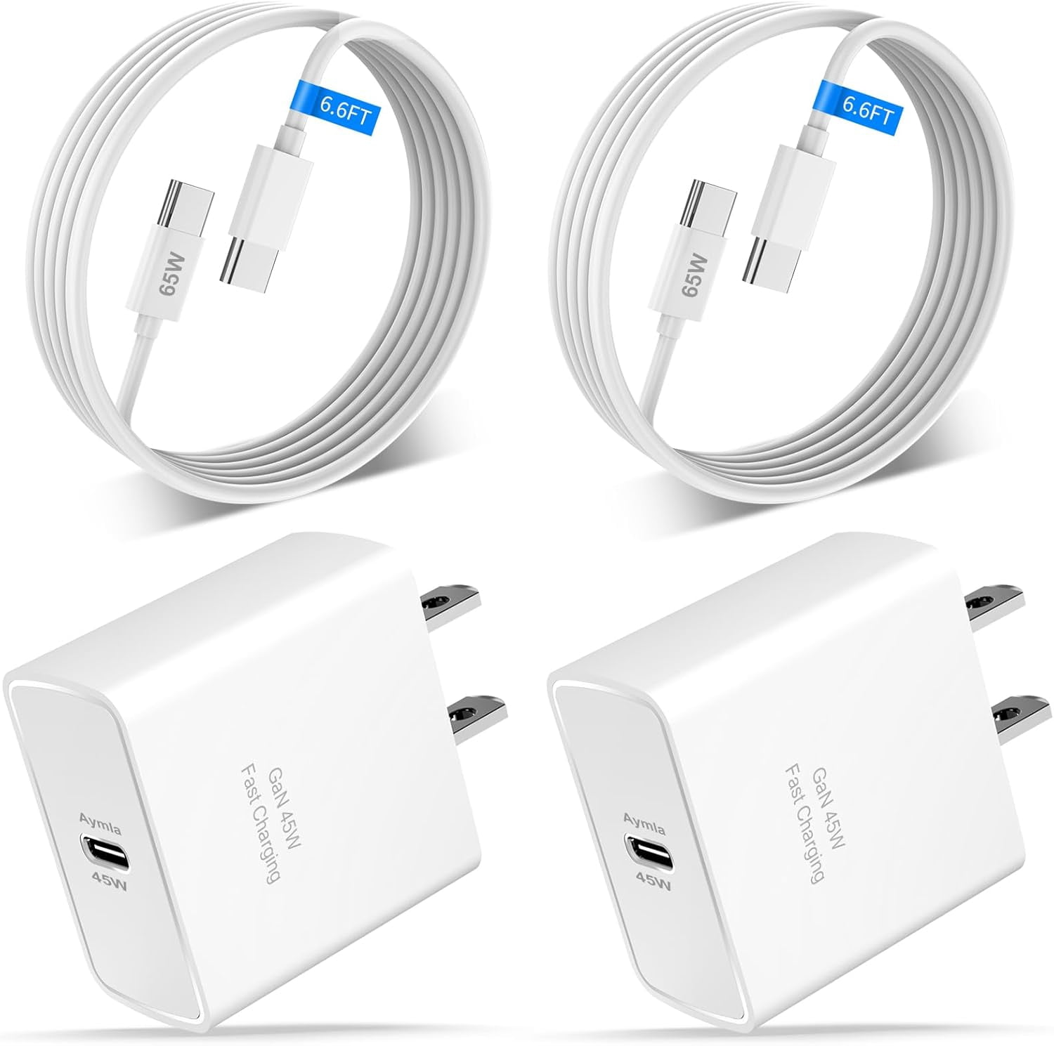 RGHJAR-45W USB C Fast Charger GaN Adapter for Google Pixel 10 Pro/9 Pro XL/8 Pro/8/8a/7 Pro/7a/7/6/5/4, 2 Pack 45 Watt PD Type C Wall Plug Charging Rapidly Android Phone Block with 6.6 FT C to C Cab