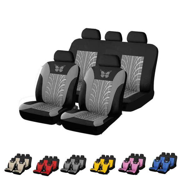 9Pcs Car Seat Cover Set, Butterfly Print Auto Seat Protector, Universal Fit Waterproof Interior Cushion Covers for 5‑Seat Vehicle, Gray