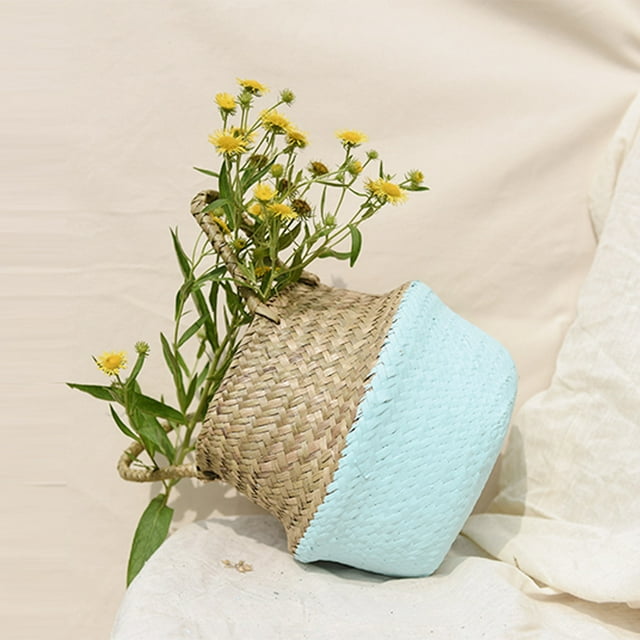 Xihbxyly Cesta de Mimbre de Algas Marinas, Maceta Tejida a Mano, Diseño Plegable para Ahorrar Espacio, Material Natural, Opciones de Color Azul, Beige, Blanco y Gris, Decoración Del Hogar, Tamaño 22