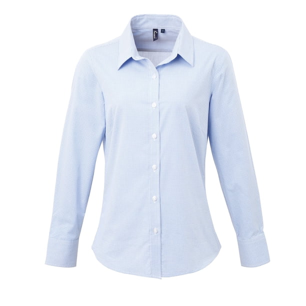Premier - Camisa de manga larga microcheck para mujer (Azul Claro)