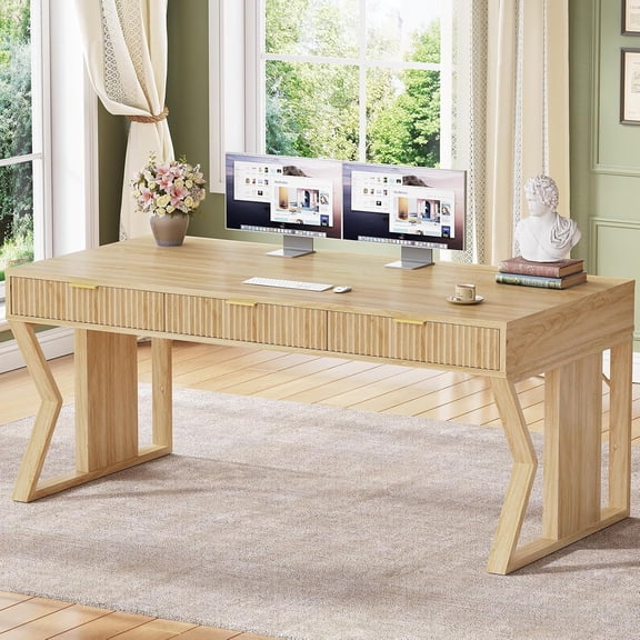 55" Executive Office Desk with 3 Drawers, Home Office Desk with Storage, Computer Writing Study Table, Natural Oak