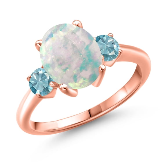 Gem Stone King 2.70 Ct Oval Cabochon White Simulated Opal Blue Zircon 18K Rose Gold Plated Silver Ring (Size 8)
