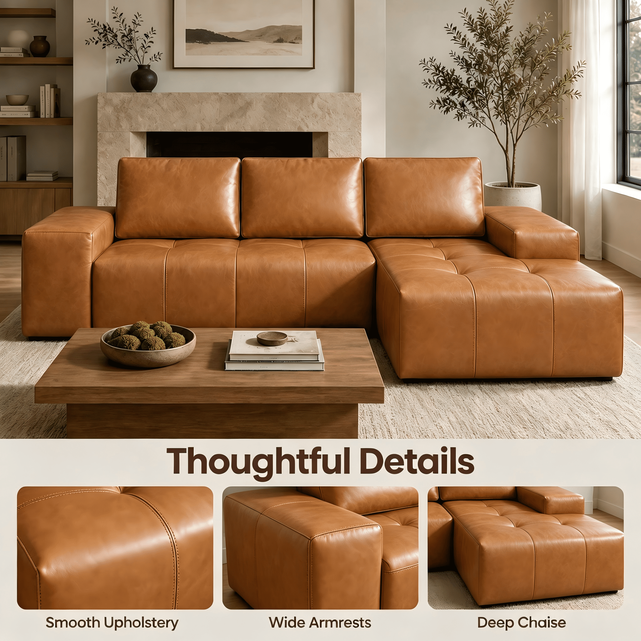 Aenkyo 114" Faux Leather L-Shaped Sectional Sofa with Right Hand Chaise, Boneless Modular Couch, Ginger
