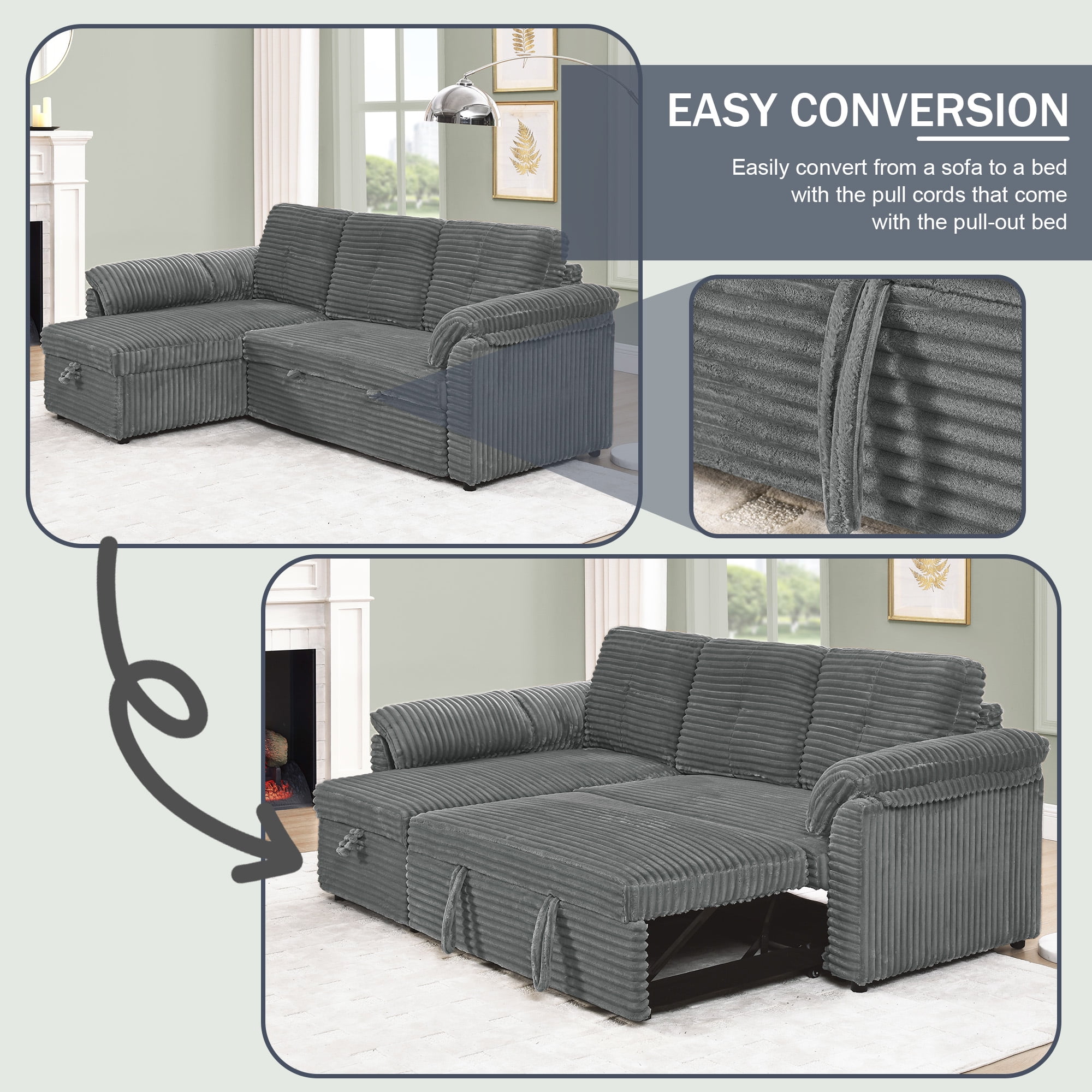 Dinosisco Convertible Sofa Bed with Storage Chaise, Corduroy Sectional Sleeper Sofa Couch for Living Room, Gray