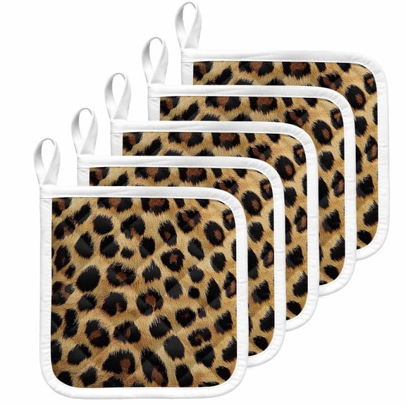 Leopard Print Pot Holders for Kitchen Heatproof Potholder, 5 Pack Brown Yellow Retro Animal Fur Pattern Hot Pads Multipurpose Oven Pads Cloth Potholders Trivet for Cooking Baking