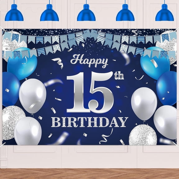 Happy 15th Birthday Banner Backdrop Navy Blue Balloons Confetti Stripe Flag Light Spots Cheers to 15 Years Old Theme Decorations Decor for Girls Boys 15th Birthday Party Bday Supplies Glitter Silver