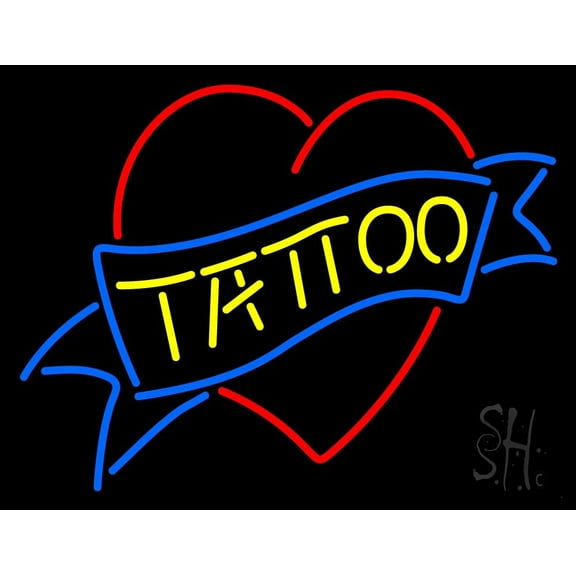 Tattoo Inside Heart LED Neon Sign 24" Tall x 31" Wide - inches Black Square Cut Acrylic Backing, with Dimmer - Premium built indoor Sign for Storefront, Store interior, Workshop, Studio.