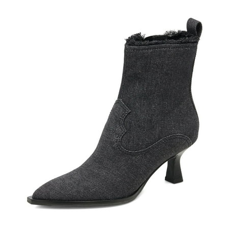 XYD Women Pointed Closed Toe Side Zipper Denim Boots Kitten Low Heels Ankle Booties Dress Casual Party Shoes Size 8.5 Black