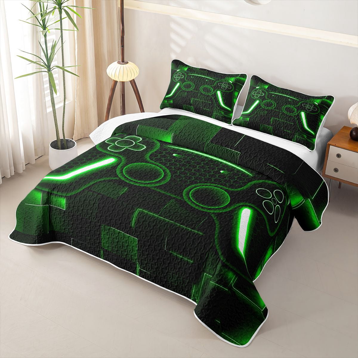 Erosebridal Bright Lime Game Controller Twin Quilt Set,3D Gamer Twin Coverlet Set For Boys,2pcs