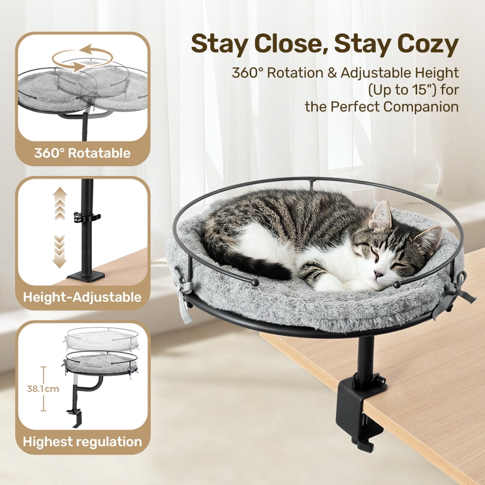 DOMIPET Cat Desk Bed with 360° Rotation & Height Adjustment, Desk Mounted Perch Attachment, Elevated Nest Cat Bed for Table Desktop, Cat Hammock with Washable Cushions, 40LB Capacity