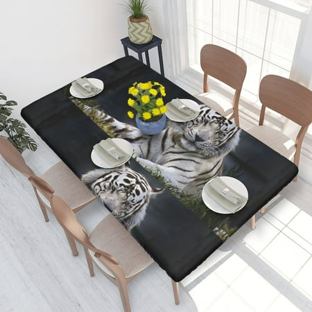 

Home Deluxe Tablecloth White Tiger Waterproof Elastic Rim Edged Table Cover- For Christmas Parties And Picnics 4ft
