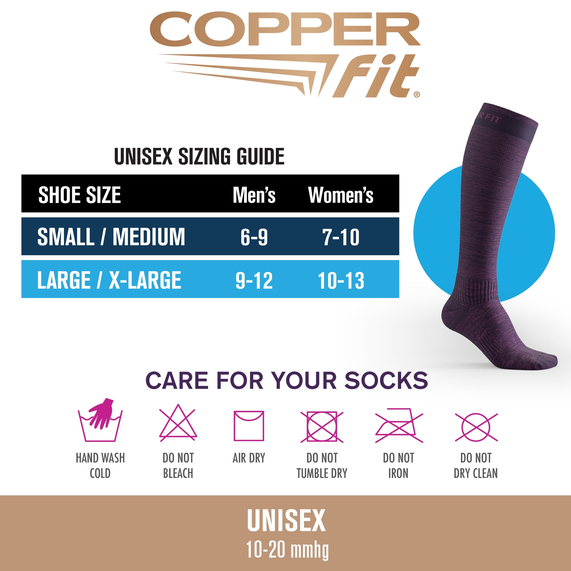 Copper Fit® Compression Socks, Copper Infused Easy-On/Off, 1-pair, Unisex, Heather Purple, S/M
