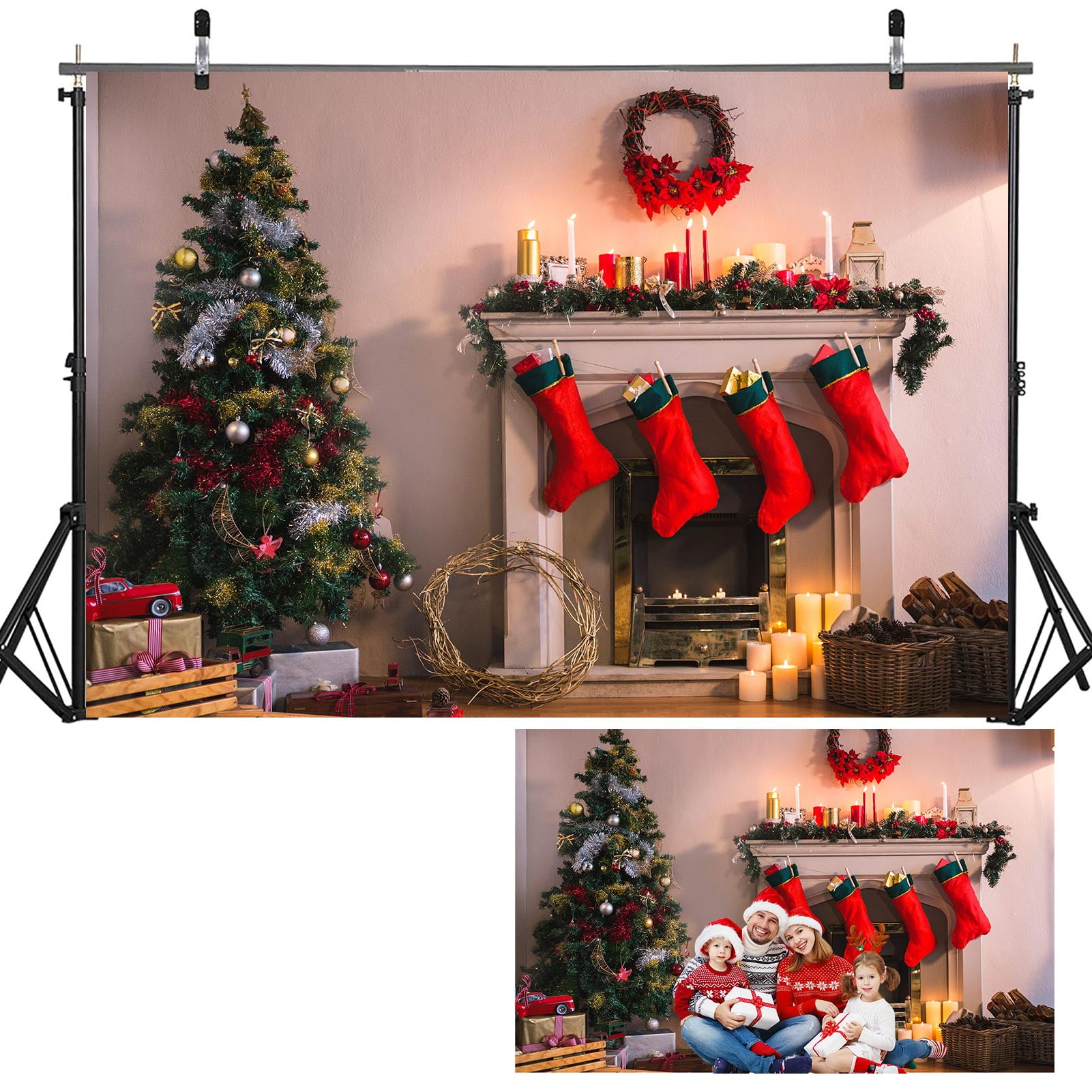 Qweryboo Christmas Backdrop, Fireplace Burning Firewoods Red Socks