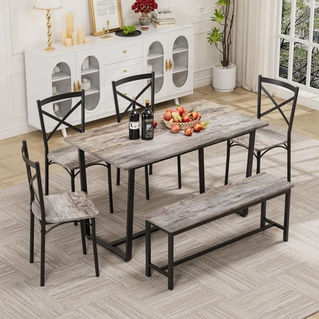 Dining Set, Kitchen Table Set, 6-Piece Dining with Bench, Industrial Style MDF Table and Angled X-Back Chairs, Steel Frame Support, 52 Inch Gray