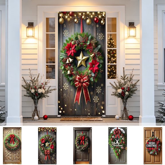 Ouuluon Festive Christmas Door Cover, 35x71 inch Holiday Curtain for Front Door Wall Party Decoration