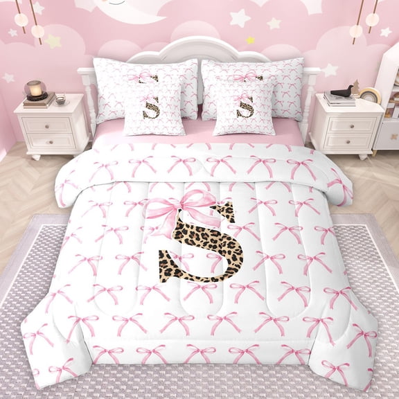 Castle Fairy Boys Girls Letter Monogrammed S Twin Bedding Sets 7-Piece,Kawaii Pink Bow Bedding Comforter Set Microfiber,Animal Leopard Print Breathable Sheet Sets,Breathable Home Decor,Reversible
