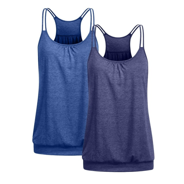 Timegard Camisole 2 Pcs pour Femmes Dos Nageur Col Rond Tunique Confortable Froncée Couleur Unie Sans Manches