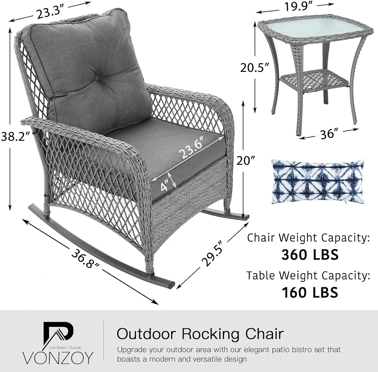 Techmilly 3-Piece Outdoor Rocking Chairs, Wicker Patio Furniture with Thickened Cushions and Table for Porch (Grey)