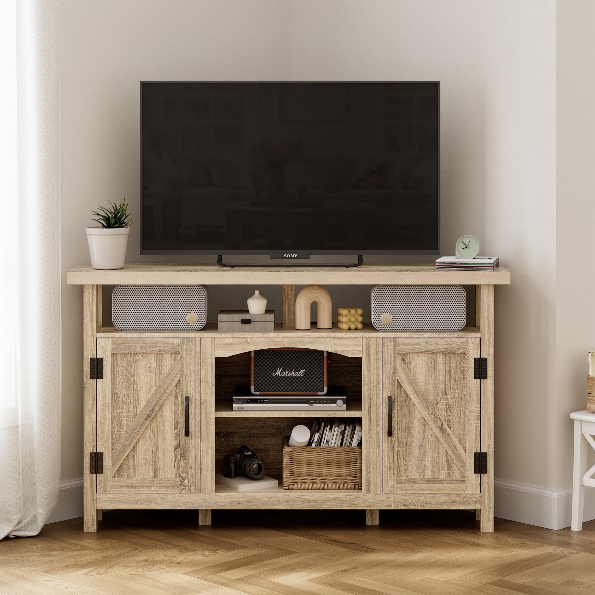 StorageWorks Farmhouse Corner TV Stand for TVs up to 60", Entertainment Center with Sliding Barn Doors and Storage Cabinets, Rustic Brown