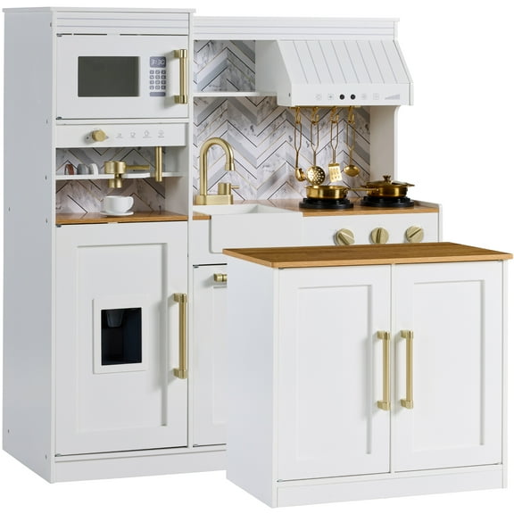 Best Choice Products Deluxe Wooden Pretend Play Kitchen with Island and Espresso Machine - White