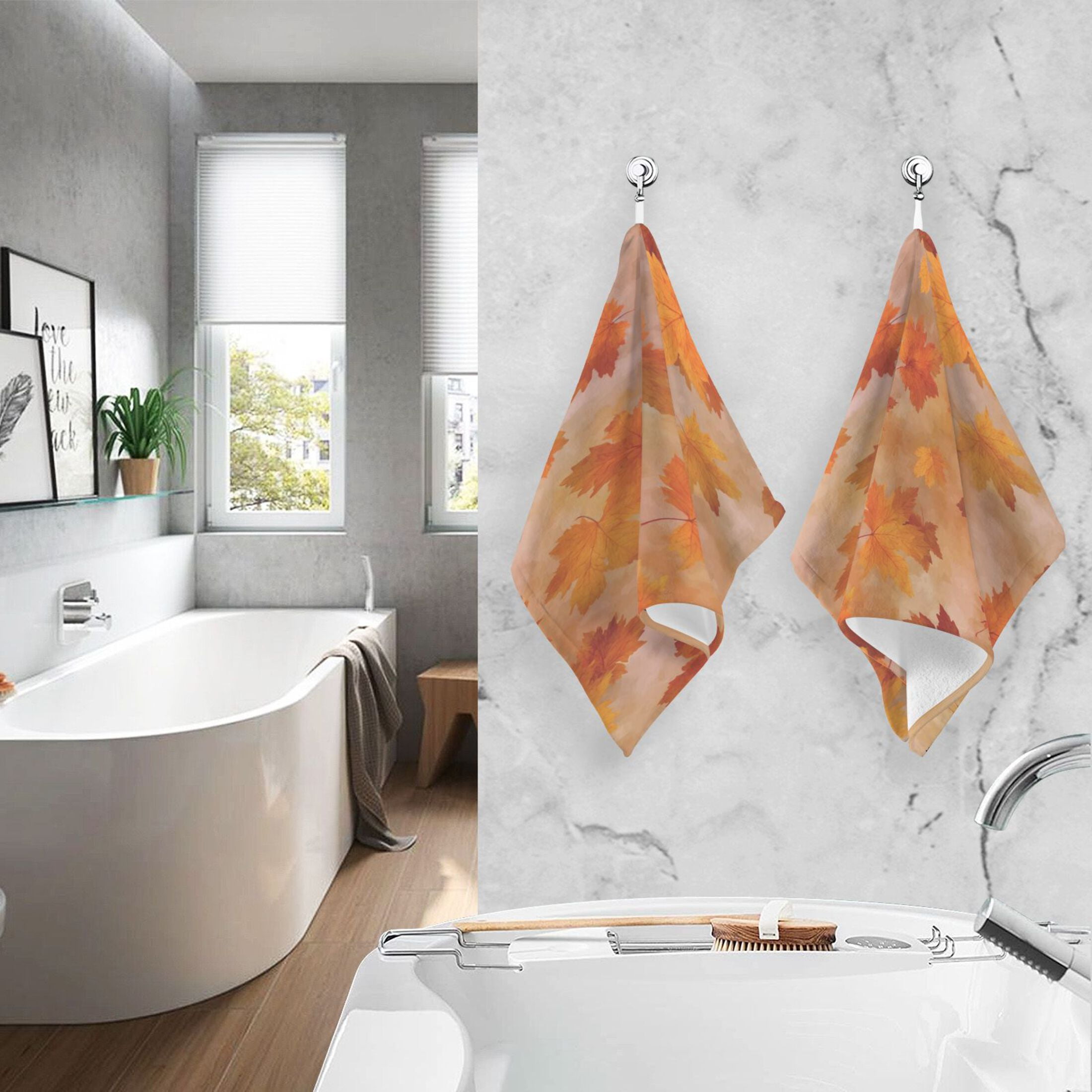 2 Pcs Hand Towels Sets Orange and Brown Autumn Leaves Cotton Towel Set Absorbent Face Towel for Bathroom Kitchen Shower Hotel Decor