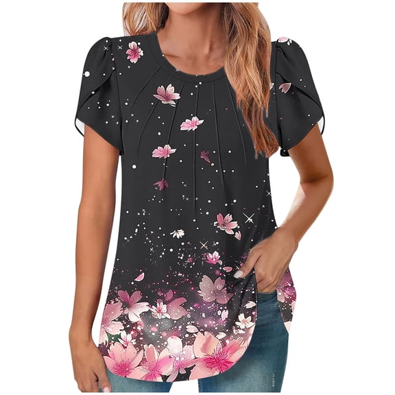 HAPIMO Women' Plus Size Casual Loose Flower Print Tops Summer Tops for Women Elegant Pleated Blouses Flowy Fashion Clothes Round Neck Tees Dressy Tunic Multicolor XXL