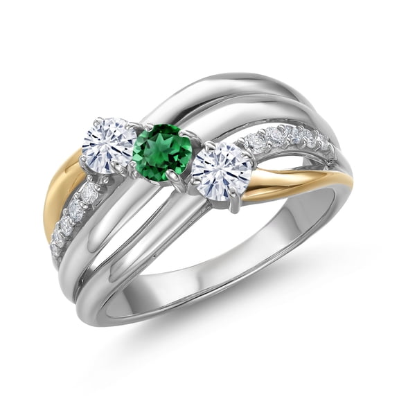 Gem Stone King 925 Silver and 10K Yellow Gold Moissanite and Green Nano Emerald and Lab Grown Diamond Engagement Ring for Women | 0.91 Cttw | Round 4MM | Birthstone | Size 8