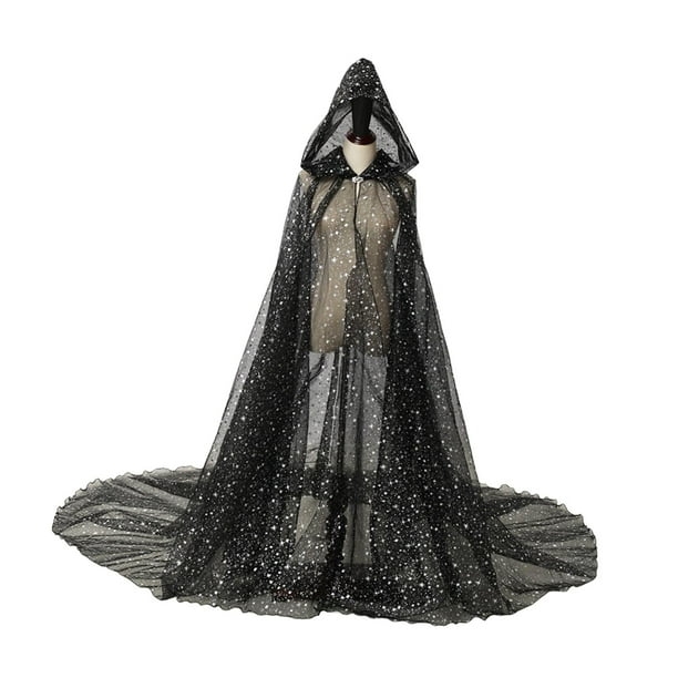 Capa de tul con capucha para mujer, vestido de novia con cola larga, traje de escenario Negro