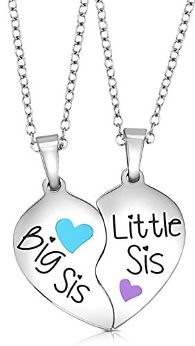 2 Piece Heart Halves Matching Big Sis Little Lil Sis Sisters Necklace Jewelry Gift Set Best Friends - Sister Necklaces for 2 (Big Sis Blue, Little Sis Purple)