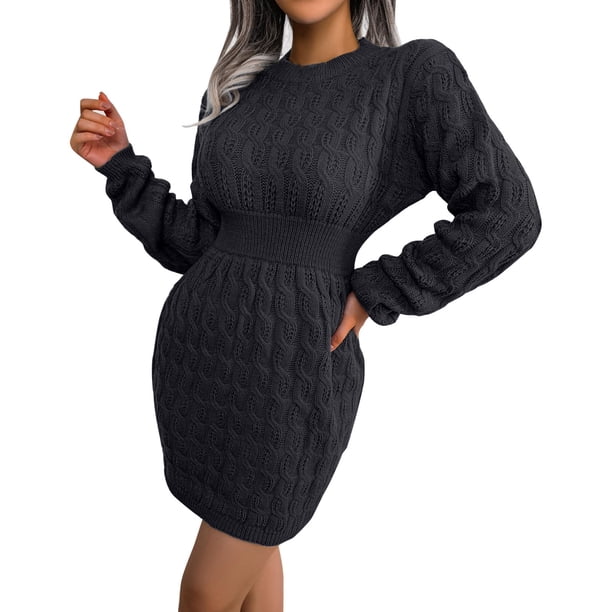 Vestido de punto con cuello alto y mangas abullonadas para mujer - Minivestido ajustado - Moda informal de invierno (S-L)