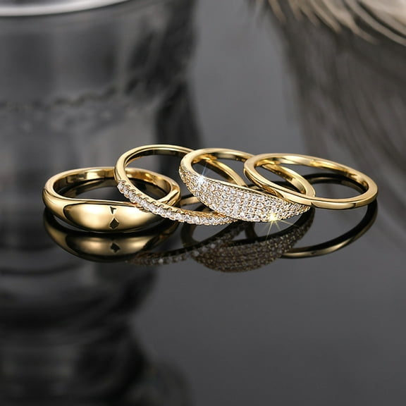 Trendy 4Pcs Set of 14K Yellow Gold Rings for Women Golden Color/Silver Color Finger Jewelry Shiny Zirconia Detachable Wear Lady Accessories