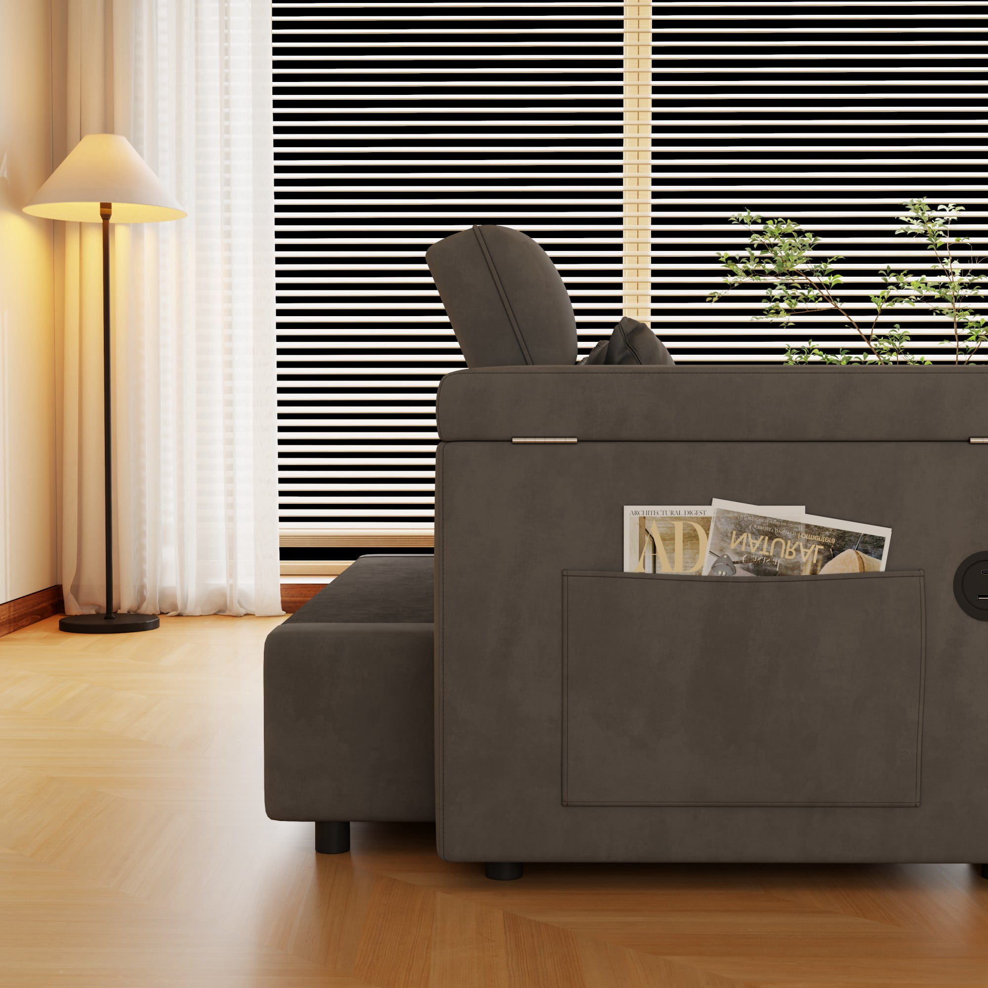 Gewnee 65" Foldable Sofa Bed with Table Board & USB,5-Level Adjustable Backrest & Pillow & Storage Armrests,Space-Saving for Living Room,Apartment,Office.Dark Grey