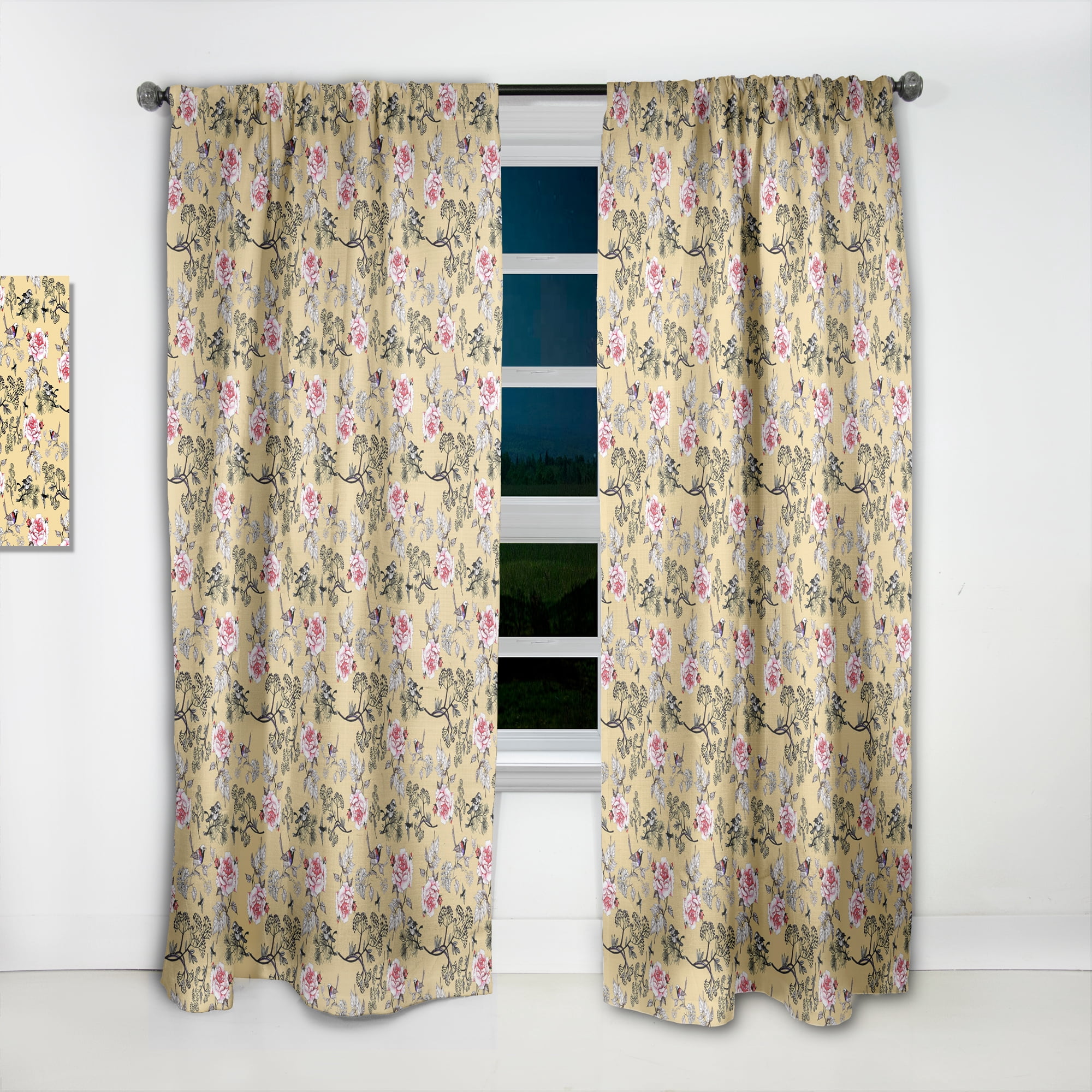 Designart 'Birds and Floral In Yellow' Floral Curtain Panel