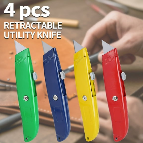 4 Pack Box Cutter Retractable Razor Knife with Auto Lock Box Opener with 16 Blades Box Knife, Sharp Utility Knife Retractable Boxcutter for Cardboard Carton Drywall Exacto Knife