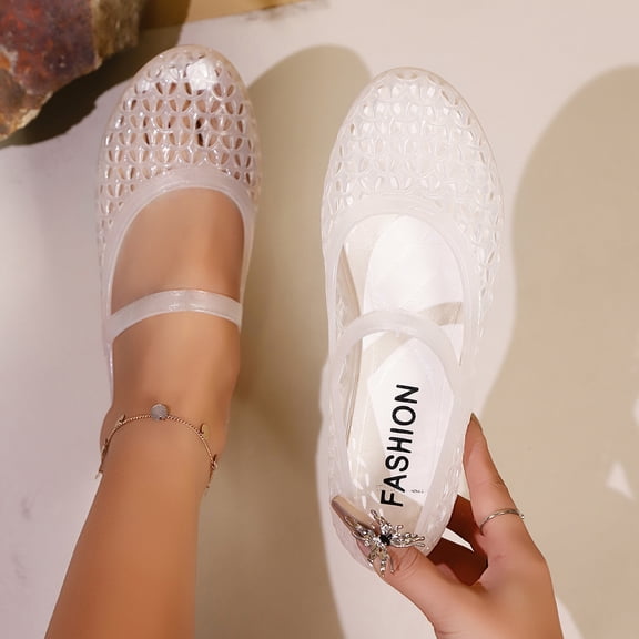 Jelly Mesh Ballet Flats for Women Fishnet PVC Clear Hollow Jellies Sandals Comfortable Beach Ballerina Flats Shoes White 6