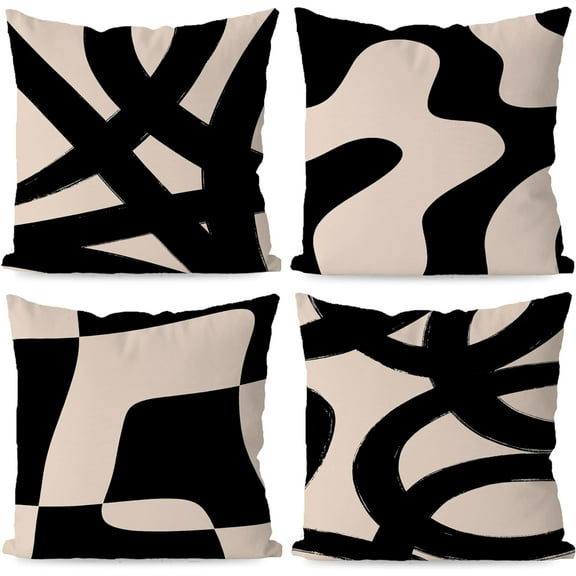 Black and Beige Throw Pillow Covers, Black Throw Pillow Covers for Couch, Black Boho Pillow Covers 18 x 18 Set of 4, Modern Abstract Decorative Couch Pillow Covers for Living Room