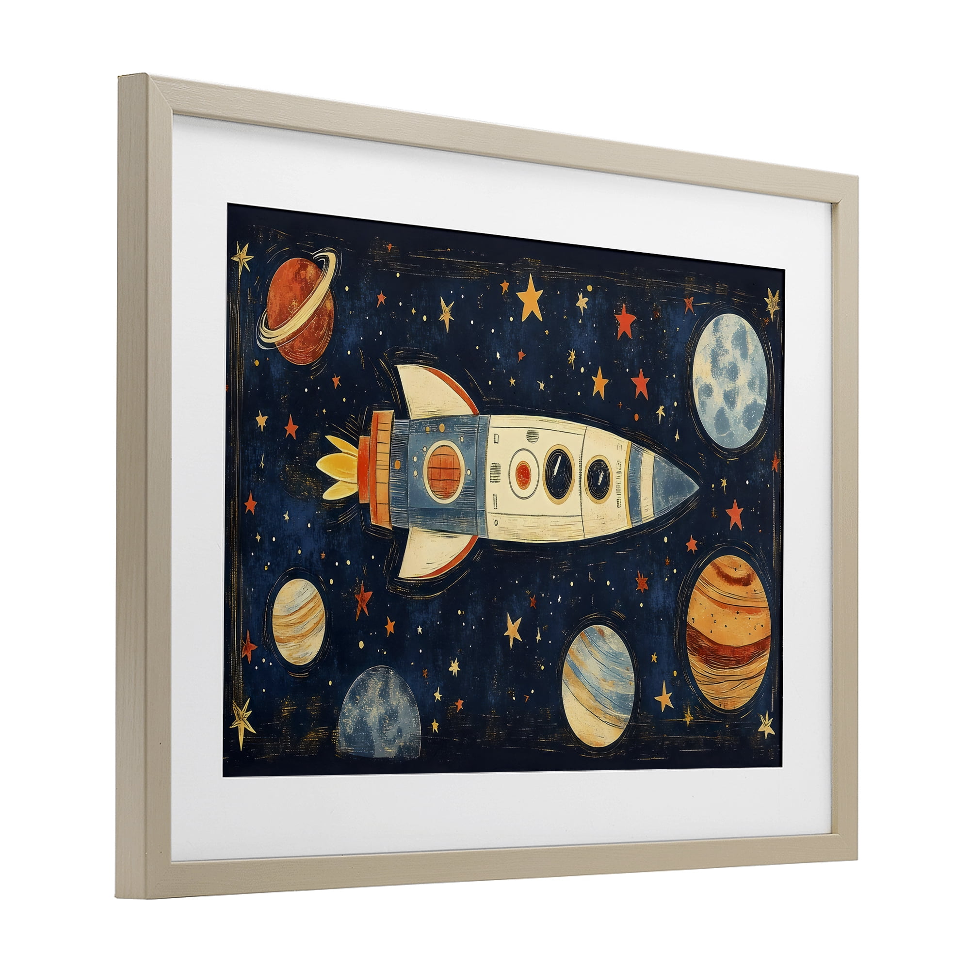 Stupell Industries Retro Rocket & Planets Birch Framed Print Under Glass, design by Creative Studio