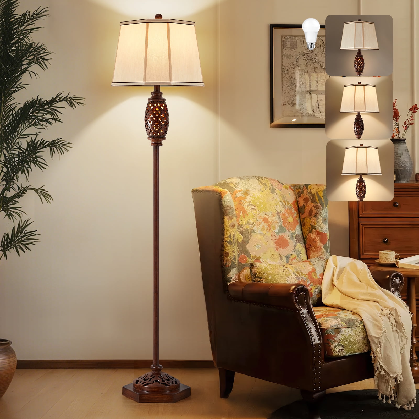 NATYSWAN  Vintage Floor Lamp - Brown Carved Resin with Hollow Light Design, Rustic Standing Lamp for Living Room, Bedroom, Study(Bulb Included)