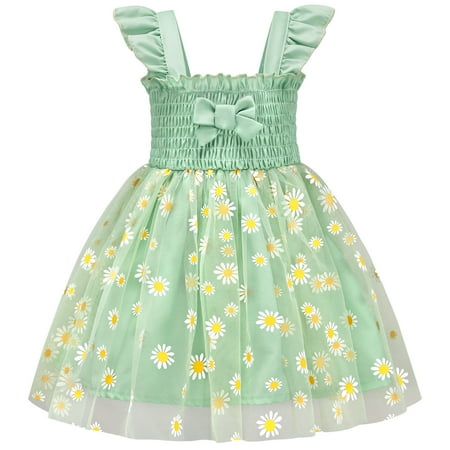 

BULLPIANO 0-5Years Girls Casual Dress Daisy Printed Flutter Ruffle Sleeve Tulle Dress