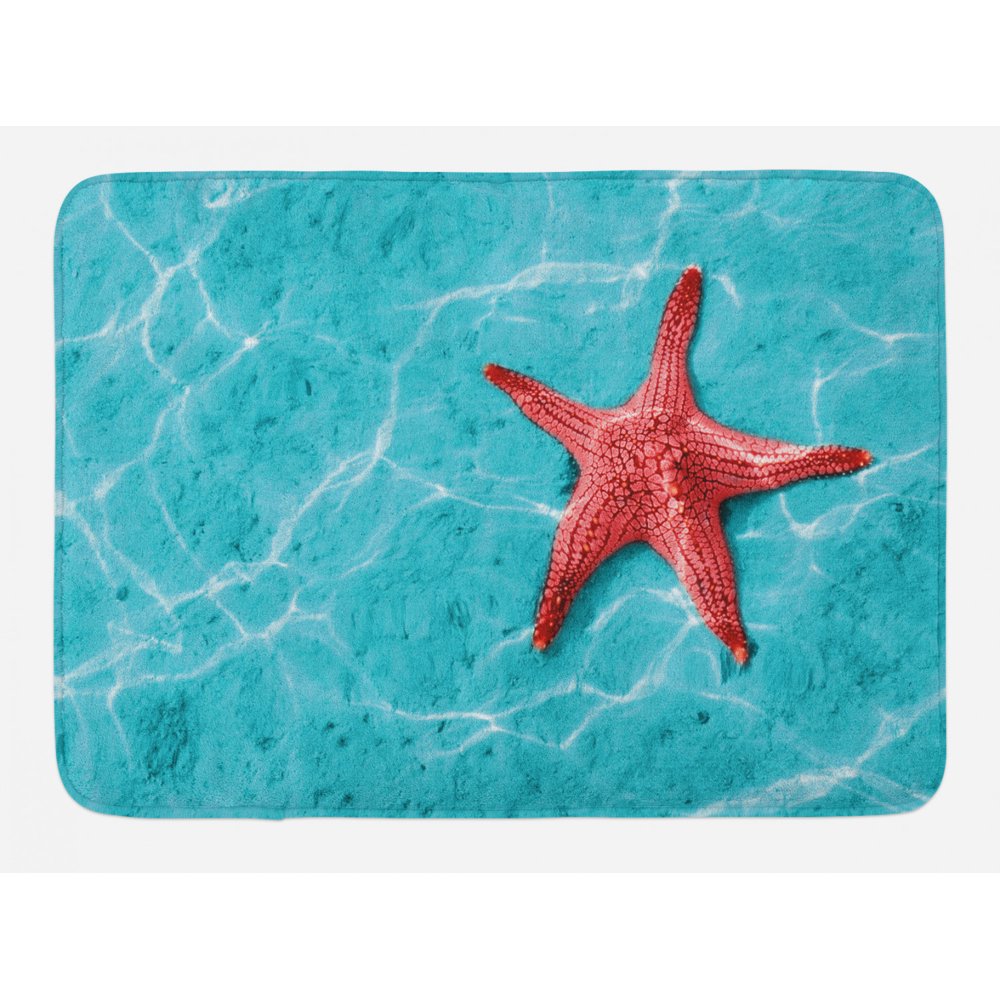 Starfish Bath Mat, Red Starfish in the Vibrant Blue Water Sun Rays