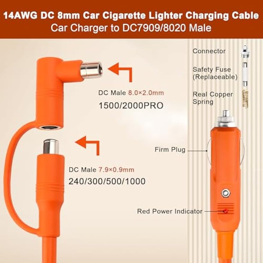 CoolStuff 14AWG Car Cigarette Lighter Charger Cable 6FT,12V/24V DC 8mm Car Charging Cable 15A with DC7909/8020 Plug Compatible with Jackery,BLUETTI,Anker,GRECELL,Goal Zero Yeti Portable Power Station