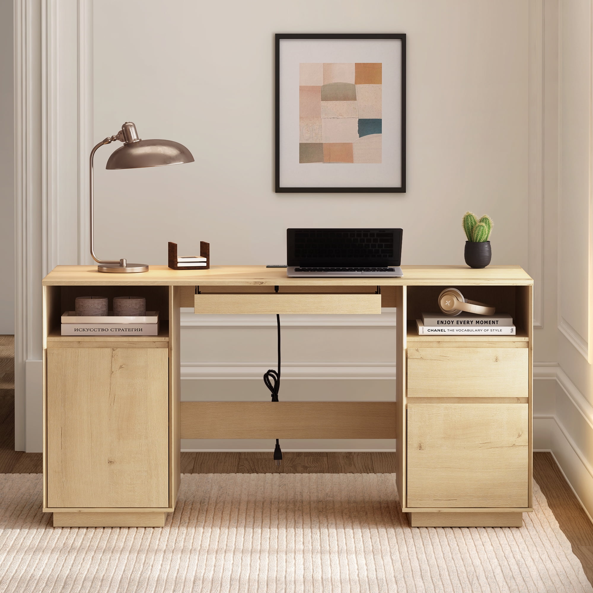 Joyyskill Farmhouse Executive Desk with File Drawer 59" Large Computer Desk Home Office Desk with Charging Station, Keyboard Tray, Storage Cabinet Modern Workspace for Study, Light Oak