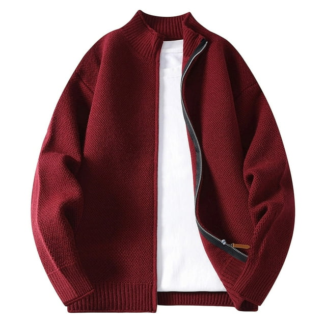 RXMEKW Knitted Cardigan for Men with Stand Collar and Full Zip in Solid Color