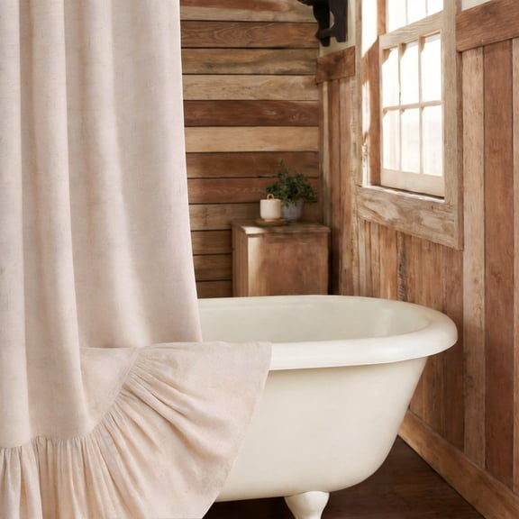 Farmhouse Ruffle Linen Shower Curtain, Cream-Green Stripe, 72"W x 72"L