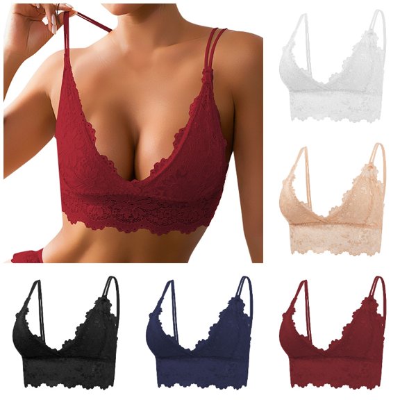 Xijirk Women Wireless Lace Bralette with Double Thin Straps V Neck Floral Lace for Daily Loungewear,Red,S
