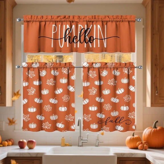 Fall Pumpkin Kitchen Window Curtains,Farmhouse Style Cafe Curtains Over Sink,Thanksgiving Bathroom Bedroom Living Room Window Tier and Valance 3 Pieces Set
