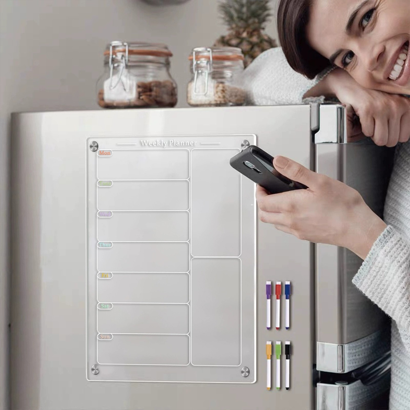 RUIG Acrylic Meal Planner Board for Kitchen Fridge - Weekly Calendar Planning Noteboard with Markers for Grocery List, Chore Chart & To-Do Organization