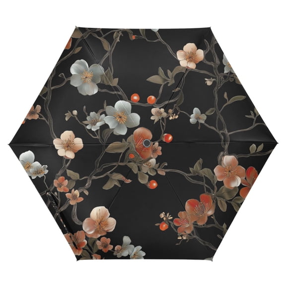 FORMRS Travel Umbrella Folding Auto Open Close Windproof Rain UV Protection, Black Flowers