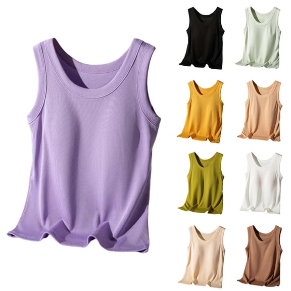 Miorin Women Ribbed Wide Strap Scoop Neck Tank Tops with Built-in Padded Bra, Solid Slim Fit Layering Cami, Breathable Basic Sleeveless Vest for Summer Daily Inner Loungewear, Coffee 2XL