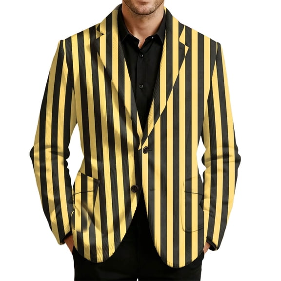 IWRICH Men's Carnival Strip Printed Corduroy Blazer Mardi Gras Casual Plus Size Suit Jacket Rave Holiday Party Stage Coat Yellow XL
